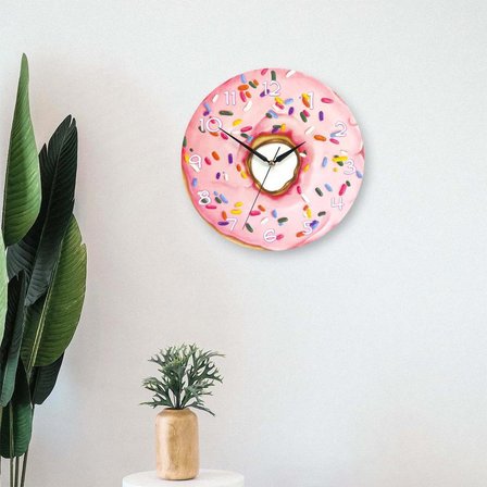 CajuArt Dekoratif Pembe Donut Yuvarlak Ahşap Duvar Saati