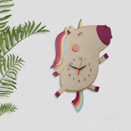 CajuArt Ahşap Sallanan Sarkaçlı Unicorn Çocuk Odası Duvar Saati