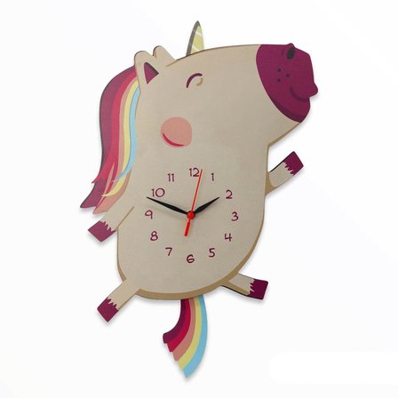 CajuArt Ahşap Sallanan Sarkaçlı Unicorn Çocuk Odası Duvar Saati