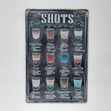 Shots Menu Içecekler Temalı 20x30 Cm Metal Plaka Dekor