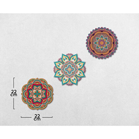 3 Adet Ahşap Renkli Mandala Duvar Dekor Üçlü Ahşap Tablo
