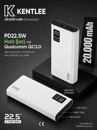 20000mAh PowerBank PD 22.5W Hızlı Şarj - Dijital Ekranlı - Taşınabilir Şarj Cihazı - Beyaz 