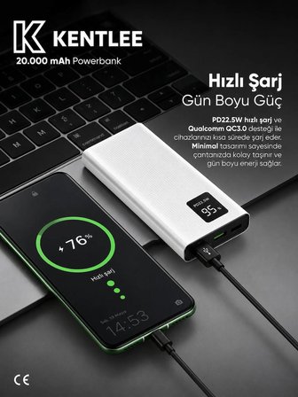 20000mAh PowerBank PD 22.5W Hızlı Şarj - Dijital Ekranlı - Taşınabilir Şarj Cihazı - Beyaz 