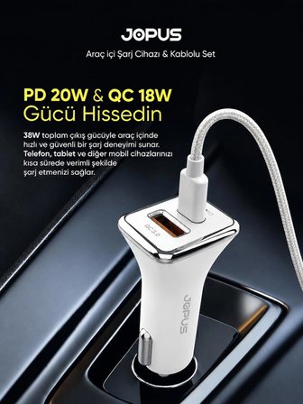  İphone Araç Şarj Aleti Çakmaklık Seti - Lightning + USB Girişli 38W