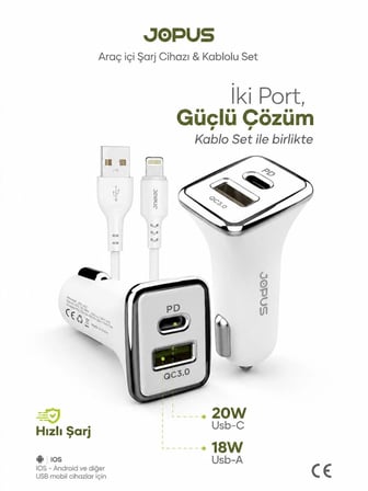  İphone Araç Şarj Aleti Çakmaklık Seti - Lightning + USB Girişli 38W