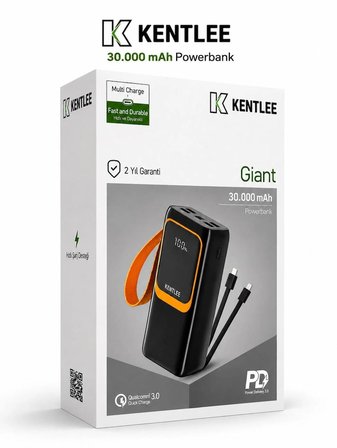 30.000 mAh 22.5W Hızlı Şarj Kablolu PD Powerbank Led Fener ve Dijital Göstergeli Taşınabilir Cihazı