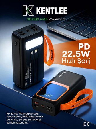 30.000 mAh 22.5W Hızlı Şarj Kablolu PD Powerbank Led Fener ve Dijital Göstergeli Taşınabilir Cihazı