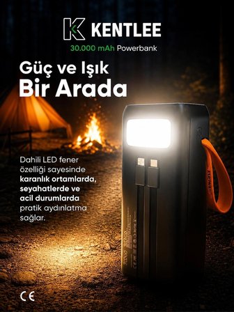 30.000 mAh 22.5W Hızlı Şarj Kablolu PD Powerbank Led Fener ve Dijital Göstergeli Taşınabilir Cihazı