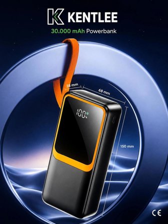 30.000 mAh 22.5W Hızlı Şarj Kablolu PD Powerbank Led Fener ve Dijital Göstergeli Taşınabilir Cihazı