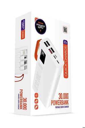 Powerway QC30S 30.000 Mah Pd 22,5W Dahili Kablolu Powerbank