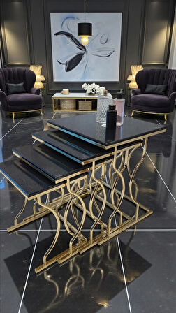 Limbo 4'lü Kare Zigon Sehpa Seti Gold Ayak, Krem Mdf