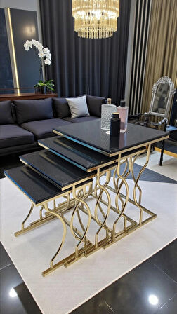 Limbo 4'lü Kare Zigon Sehpa Seti Gold Ayak, Krem Mdf