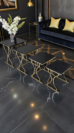 Limbo 4'lü Kare Zigon Sehpa Seti Gold Ayak, Krem Mdf