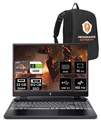 ACER Nitro 16 R5 7535HS 32GB 512GB SSD RTX4050/6GB 165HZ 16'' WUXGA FDOS NH.QKBEY.003 & PER4 ÇANTA
