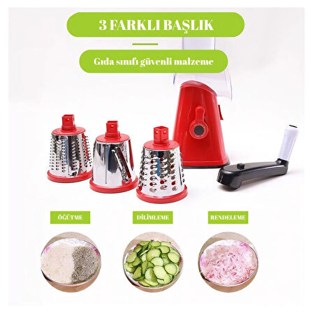 Pratik Paslanmaz Çelik 3 Başlıklı Doğrayıcı Kollu Rende Çevirmeli Doğrayıcı Rende Değirmen