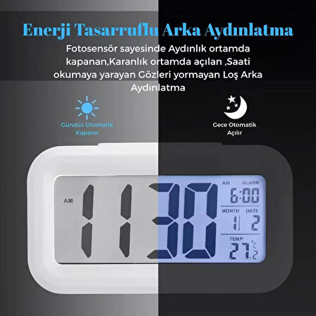 Dijital Masa Saati Fotosel sensörlü Işıklı Alarmlı Termometreli Takvimli Çalar Saat