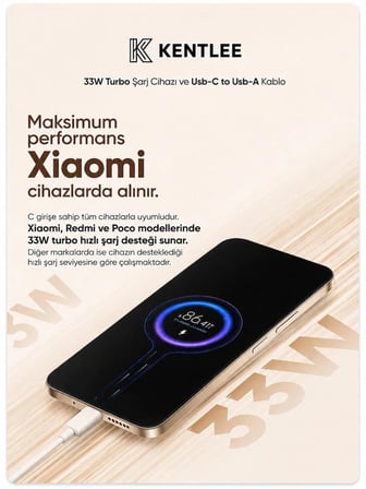 Xiaomi, Redmi, Poco, Uyumlu 33 Watt Hızlı Turbo Şarj Seti CE Belgeli 