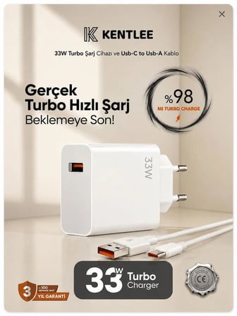Xiaomi, Redmi, Poco, Uyumlu 33 Watt Hızlı Turbo Şarj Seti CE Belgeli 