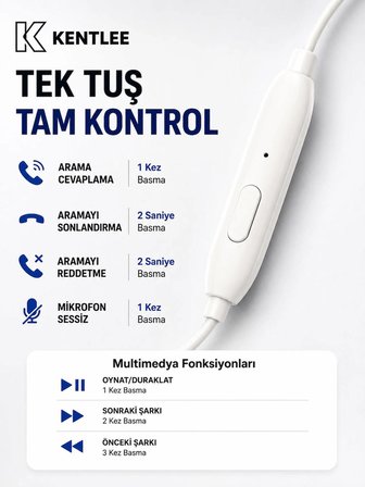 Yüksek Sesli Stereo Kulak İçi Kulaklık Mikrofonlu Beyaz 3.5mm Aux Jack Girişli 1m Kablo Tak Çalıştır iOS Android 