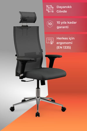 ErgoLife Sit Air 24/7 B2-281K - Yükseklik Ayarlı, Başlıklı, Fileli, Krom, Toplantı, Ofis, Bilgisayar Sandalyesi - 696.61.1.682