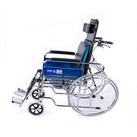 Comfort Plus Tuvaletli Tekerlekli Sandalye | Sırt Yatar, Ayak Kalkar, Nikelaj Kaplama Çelik Şase, Anti Tiper Tekerlekli, DY02609GC