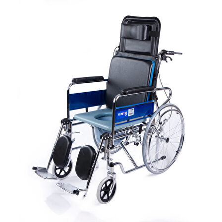 Comfort Plus Tuvaletli Tekerlekli Sandalye | Sırt Yatar, Ayak Kalkar, Nikelaj Kaplama Çelik Şase, Anti Tiper Tekerlekli, DY02609GC