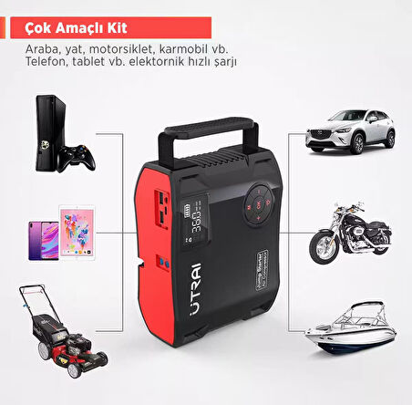 UTRAI Jstar 5 24000mAh 2000A Jump Starter + Lastik Şişirme Pompası Taşınabilir Akü Takviye Cihazı ( Çanta + LCD Ekran + Powerbank + Led Lamba)