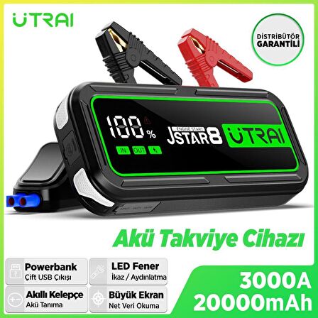 UTRAI Jstar 8 74Wh 20000mAh 3000A Jump Starter Taşınabilir Akü Takviye Cihazı ( Powerbank + Led Lamba + Taşıma Kılıfı + LCD Ekran )