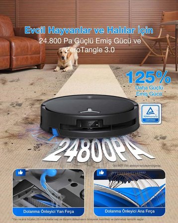 ECOVACS DEEBOT T80S Omni Robot Süpürge ve Paspas, 24.800 Pa Emiş Gücü, OZMO Roller 2.0 Paspas, ZeroTangle 3.0 Dolaşma Önleme, Triple Lift Özelliği, Sıcak Su ile Paspas ve Sıcak Hava ile Kurutma