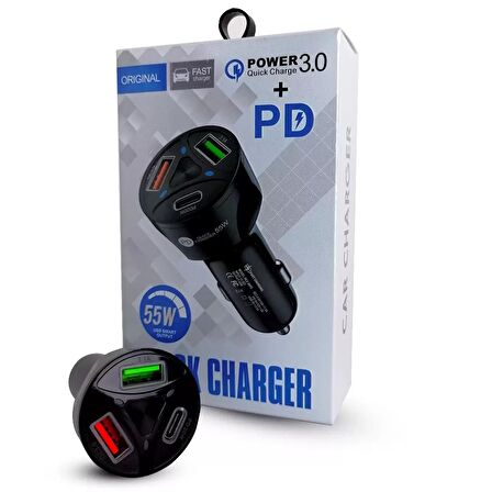 Cep Telefonu Araç Şarj Soketi 55W Quick Şarj Usb+Type c
