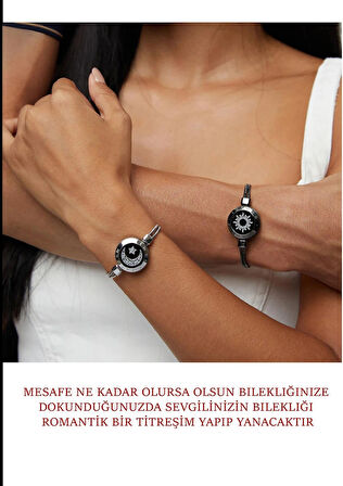 Mesafe Bilekliği – Totwoo Akıllı Dokunmatik Sevgililer Bilekliği – Snake Chain Ay ve Güneş – Gümüş ve Siyah