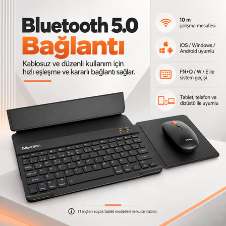 Meetion BTC9660 Siyah Ultra İnce Manyetik Kılıflı Kablosuz Türkçe Klavye-Mouse Seti