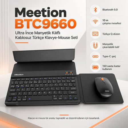 Meetion BTC9660 Siyah Ultra İnce Manyetik Kılıflı Kablosuz Türkçe Klavye-Mouse Seti