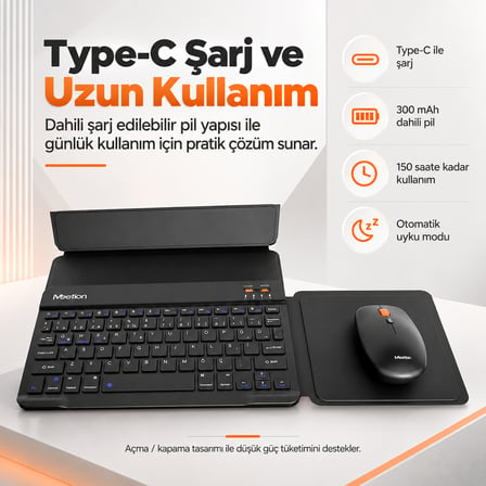 Meetion BTC9660 Siyah Ultra İnce Manyetik Kılıflı Kablosuz Türkçe Klavye-Mouse Seti