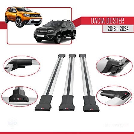 Dacia Duster 2 (HM) 2018-2024 Arası ile Uyumlu FLY Model Ara Atkı Tavan Barı Gri 3 Adet