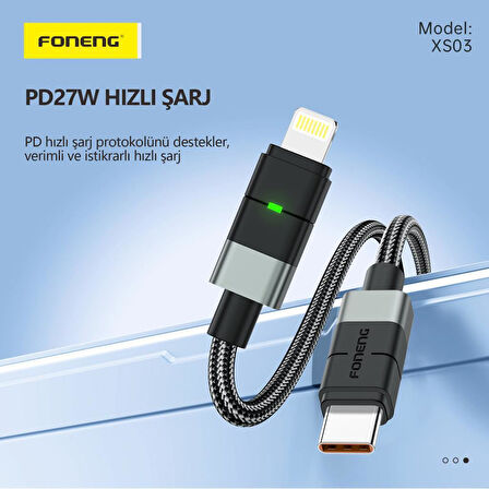 FONENG XS03 27W PD Type-c to Lightning Şarj Data Kablosu İp Örgülü