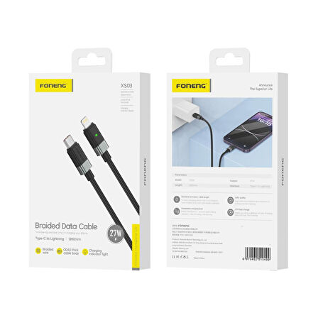 FONENG XS03 27W PD Type-c to Lightning Şarj Data Kablosu İp Örgülü