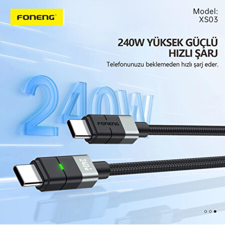FONENG XS03 240W Led Işıklı Type-c To Type-C Şarj Ve Data Kablosu İp Örgülü