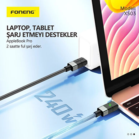FONENG XS03 240W Led Işıklı Type-c To Type-C Şarj Ve Data Kablosu İp Örgülü