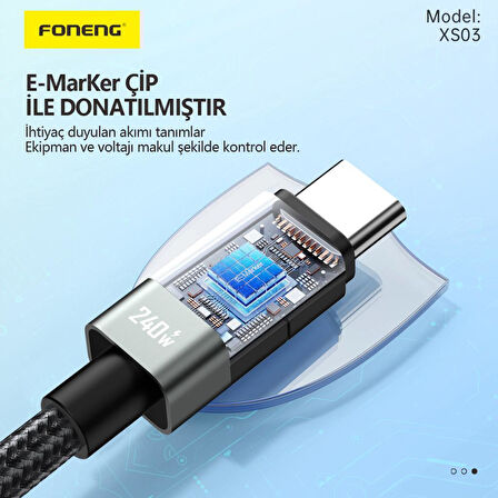FONENG XS03 240W Led Işıklı Type-c To Type-C Şarj Ve Data Kablosu İp Örgülü