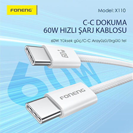 Foneng X110 60W Type-C to Type-C Şarj Data Kablosu İp Örgülü 1,2M Beyaz