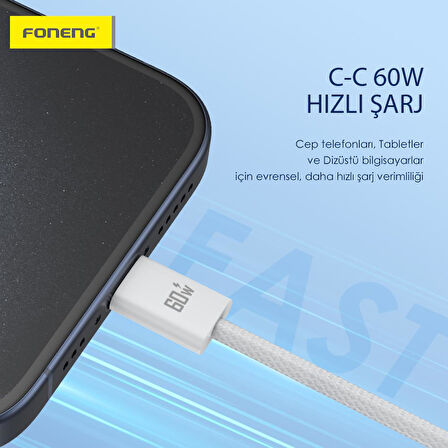 Foneng X110 60W Type-C to Type-C Şarj Data Kablosu İp Örgülü 1,2M Beyaz