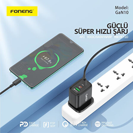 FONENG Gan10 Gan 65w 2xtype-c 1xusb 3 Girişli Hızlı Şarj Adaptörü - Siyah