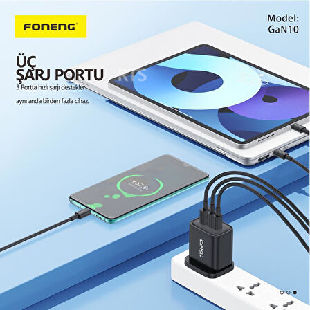 FONENG Gan10 Gan 65w 2xtype-c 1xusb 3 Girişli Hızlı Şarj Adaptörü - Siyah