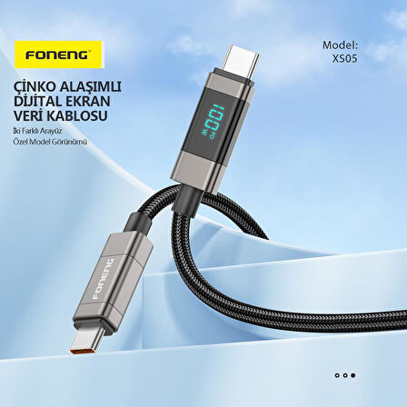 FONENG XS05 100W Dijital Ekranlı Type-C to Type-C Şarj Ve Data Kablosu İp Örgülü 1,2M