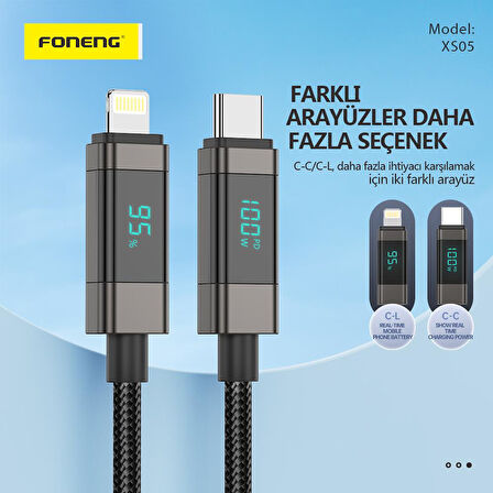 FONENG XS05 100W Dijital Ekranlı Type-C to Type-C Şarj Ve Data Kablosu İp Örgülü 1,2M