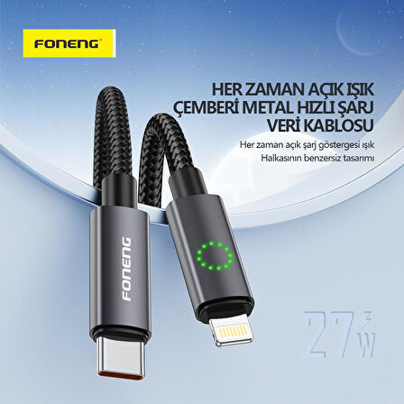 FONENG XS08 27W Led Işıklı PD Type-c to Lightning Şarj Data Kablosu İp Örgülü 1,2M