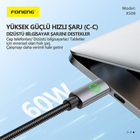 FONENG XS08 27W Led Işıklı PD Type-c to Lightning Şarj Data Kablosu İp Örgülü 1,2M