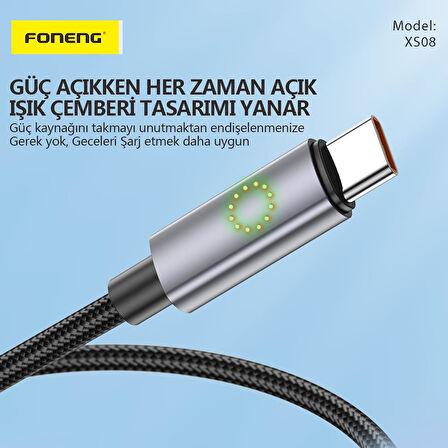 FONENG XS08 60W Led Işıklı Type-C to Type-C Şarj Ve Data Kablosu İp Örgülü 1,2M