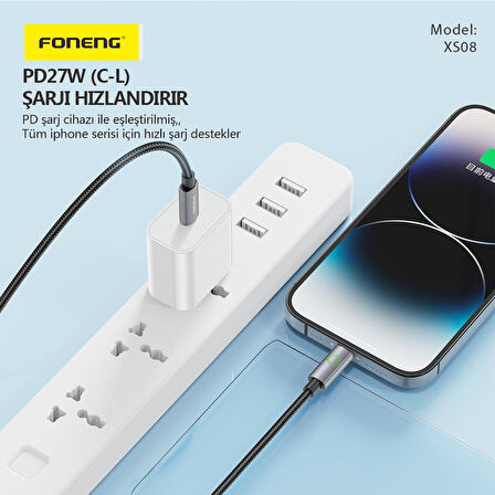 FONENG XS08 60W Led Işıklı Type-C to Type-C Şarj Ve Data Kablosu İp Örgülü 1,2M